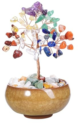 Jovivi Bibelot Arbre de Vie Décoration 7 Chakra Pierre Naturelle Reiki Feng Shui Figurine avec Base Bol de Céramique Guérison Équilibre Ornement Cadeau pour MamanFête de Mère Anniversaire