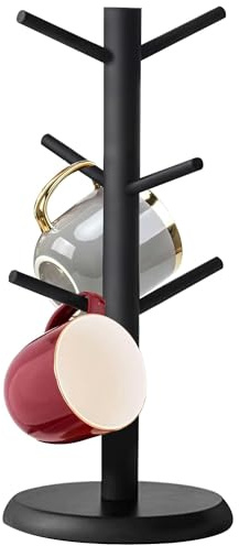Esteopt Tassenhalter，Becherhalter aus Holz coffee cup organizer tassenständer küche coffee mug rack Holz Tassen Halter becherhalter tisch coffee mug holder mit 6 Haken (Schwarz)