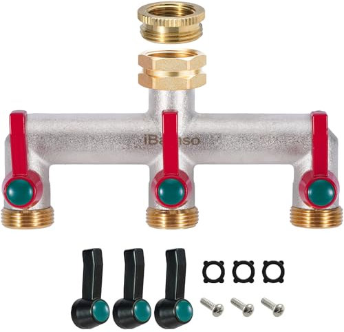 iBamso Brass Garden Hose Splitter, 3/4 Inch 3 Way Tap Diverter High Flow Outlet with Individual Valve and Extended Handle, Pipe Tap Splitter for Home Outdoor Faucet