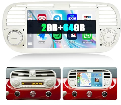 SIXWIN 2+64G Android 13 Autoradio für FIAT 500 2007-2015 mit Carplay/Android Auto/Mirrorlink,7 Zoll Kapazitive Touchscreen Unterstützt WiFi/GPS/FM/Bluetooth(weiß)