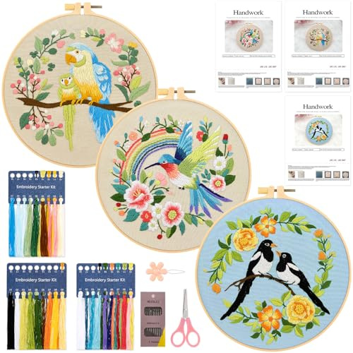 JSRQT 3 Piezas Kit de Bordado para Principiantes de Flores y Pájaros de Colores, Kit de Punto de Cruz para Adultos, Kits de Inicio de Bordado a Mano con Instrucciones, Aro de Bordado, Aguja e Hilos