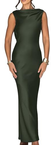 Memoriesea Women's Satin Elegant Sleeveless High Neck Tie Cocktail Party Maxi Dress Army Green