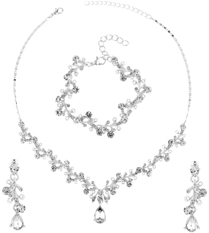 Yolev Rhinestone Wedding Jewelry Sets for Bridal Women‘s Crystal Necklace Bracelet Earrings Set Jewelry Set for Brides Bridemaid Prom Costume Accessories (Silver)