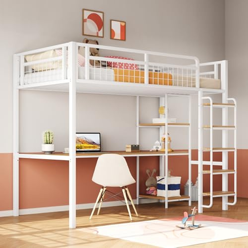 Lubvtti Cama alta de 90 x 200 cm, escalera de seguridad con escalones, cama para niños con mesa y estante, barrera de seguridad de malla metálica, color blanco (colchón no incluido)
