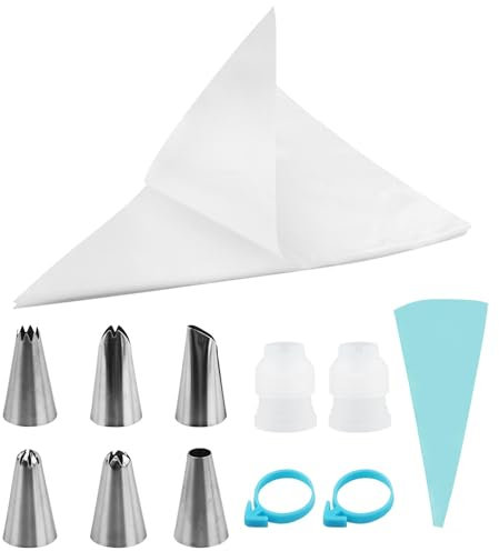Spritzbeutel- und Tüllen-Set, 100 Stück Spritzbeutel, Einweg für Tortendekoration, mit 1 wiederverwendbaren 30 cm Spritzbeuteln, 1 Verbindungsstück, 6 Spritztüllen, 2 Verschlussbändern