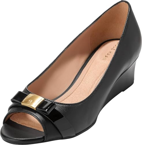 Cole Haan Women's Shoes - Go-to Malta Peep Toe Bow Wedges, Black Leather, 9-B US