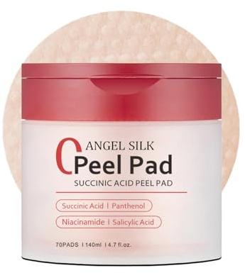 ANGEL SILK Red Succinic Acid Panthenol Facial Peeling Pads - Exfoliating Toner Pads for Breakout-Prone Skin with Niacinamide, AHA, BHA, and Soothing Panthenol - Non-Comedogenic 70Pads