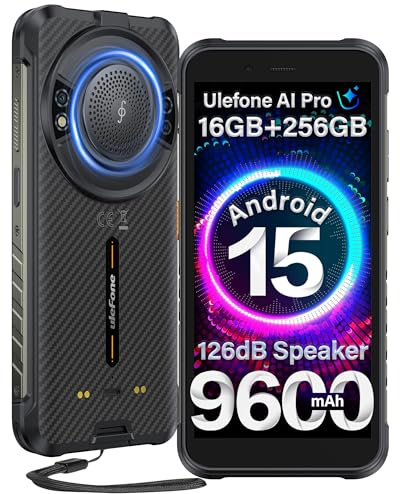 Ulefone RugKing Rugged Smartphone, 16GB+256GB/2TB TF, 9600mAh Dock Charging, 126dB Speaker, Android 15, 50MP Waterproof Camera, 5.99 inch IP68 Outdoor Armor 4G Mobile Phone Unlocked, 3-Card Slot NFC