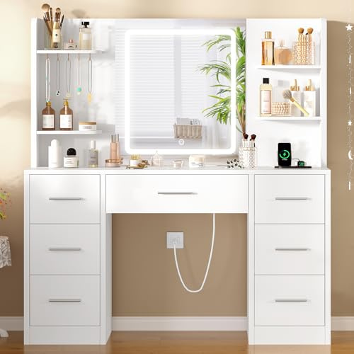 TEENFON Toeletta Trucco con Luci, Led Regolabili, 3 Colori Regolabili, Toletta con Grande Specchio,Presa,Bianco,7 Cassetti, 4 Ripiani Aperti e 5 Ganci per Gioielli