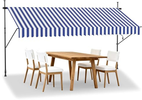 LZQ Klämmarkis balkong, markis infällbar manuell, handvev, höjdjusterbar, UV-beständig, utan borrning, 100 % polyester, blåvit, 300 x 120 cm
