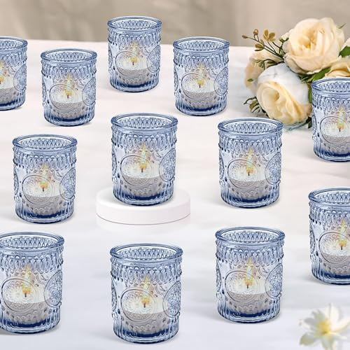 24Pcs Glass Tea Light Candle Holders, 6.9x5.7cm, Blue