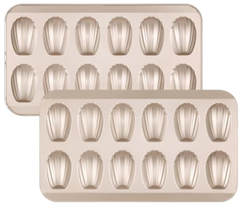 BreadTalk Nonstick Oval Madeleine Pan Set, 2-Piece 12-Cavity Commercial Carbon Steel Madeleine Cookies Trays for Oven Baking, Warp Resistant Shell Shape Madeleine Mold Cake Pans