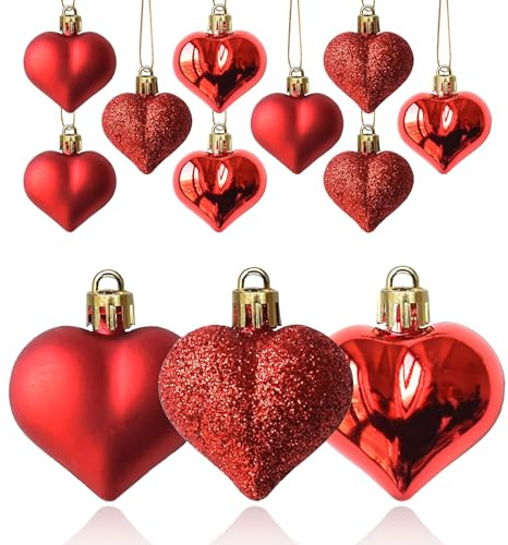 12 Piezas Rojo Adorno Colgante Corazón 4.5cm Romántico Bolas de Corazón de San Valentín Ideal para Bodas, Aniversarios, Decoración de Interiores y Exteriores, Hogar y Árbol de Navidad (B)