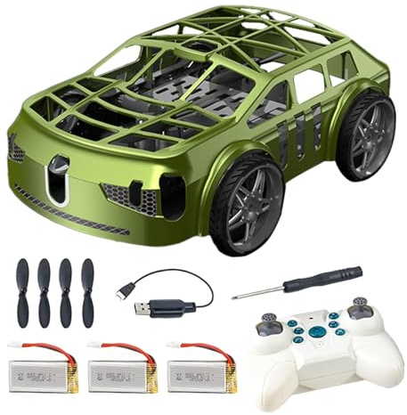 2-i-1 fjärrstyrd billeksak till drönare, mini-RC-flygbil med LED-lampor, lättatt flygande fjärrstyrd quadrocopter-leksak för barn, grön, 3-batterier