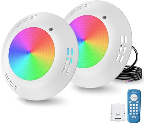 OSREE 35W Foco Piscina LED RGB de Superficie, Lámpara Piscina Multicolor Regulable 1400lm,Ø275mm, Temporizador 2/4/6H, Luz Piscinas Impermeable IP68 Relleno Resina con Control Remoto, 12V AC,Pack de 2