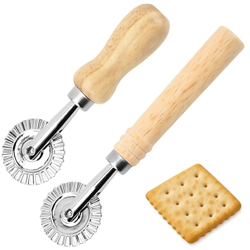 2 Piezas Rodillo para ravioles, Rueda de corte pasta, Cortador de masa ondulada, Diámetrode 4 cm, Aleaciónde zinc, Mango largode madera, Ravioles, Ruedade hoja ondulada