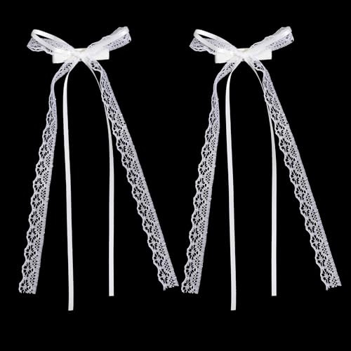 2Pcs White Lace Hair Bows with Long Tail, Coquette Lace Bow Hair Clips for Women, Elegant Ribbon Bow Barrettes Alligator Clip, Wedding Bridal Hairs Accessories for Girls Teens Daily Wear Party Decor