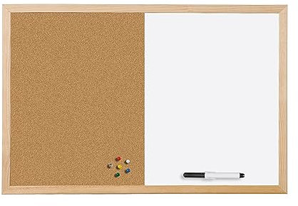 Bi-Office Budget Wood Frame Combination Board, Cork and Magnetic Whiteboard Dry Wipe Memo Board, 60 x 45 cm