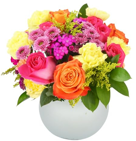 Everlasting Fling in Opal Vase| Pink, Orange Aquabloom | Arabella Bouquets | Real Fresh Flowers for Delivery, Gift for Birthday, Congratulations, Anniversary, Thank You, Mother's Day