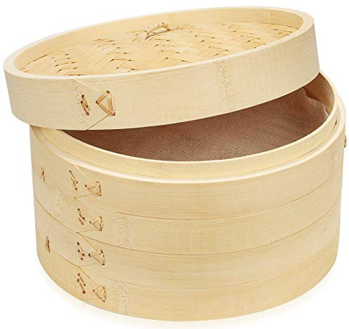 Vaporera de bambú hecha a mano de 10 pulgadas, 2 niveles y tapa, cesta de vapor de bambú de alta calidad, cocina saludable para verduras, albóndigas de Dim Sum, bollos, pescado de pollo y carne