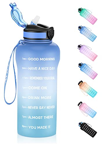 ETDW Trinkflaschen mit Strohhalm 2 Liter [BPA-frei Tritan], Wasserflasche mit Zeitmarkierungen 2L, Sportwasserflaschen 2000ml Auslaufsicher für Fitnessstudio, Camping, Yoga BLAU BLAU