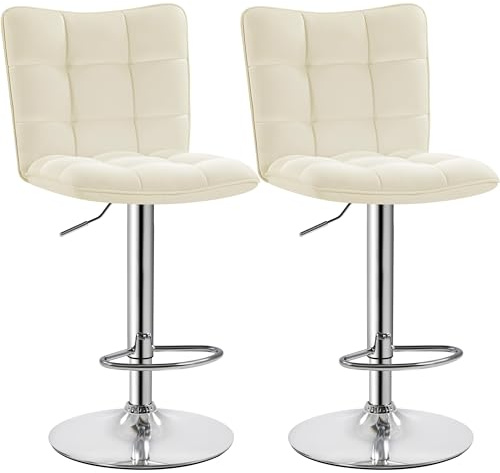 Yaheetech Set med 2 barstolar, barstolar 360° roterbara köksstolar med ryggstöd och fotstöd, barstol PU-konstläder sitthöjd 62,5 cm - 83 cm för kök/bar/salong, justerbar höjd, beige
