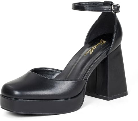 GENSHUO Zapatos de Tacón de Plataforma Gruesos para Mujer Tacones de Punta Cuadrada Cerrados de 10 CM con Vestido con Correa en el Tobillo Zapatos de Fiesta de Boda, Negro, EU 37