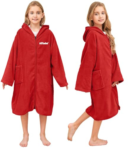 Hiturbo Kids Hooded Towel Robe: Changing Zipper Bath Robe Poncho Towelling for Swimming Beach Surfing Home