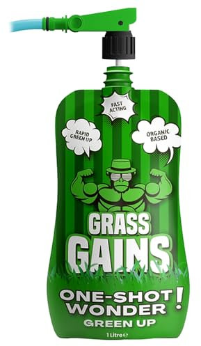 Grass Gains One Shot Wonder Lawn Feed + Applicator. Easy Spray Organic Grass Fertiliser, Greens Up Your Lawn In 24 Hrs, Child & Pet Safe Grass Feed 1L. Perfect for Autmn/Winter lawn feed