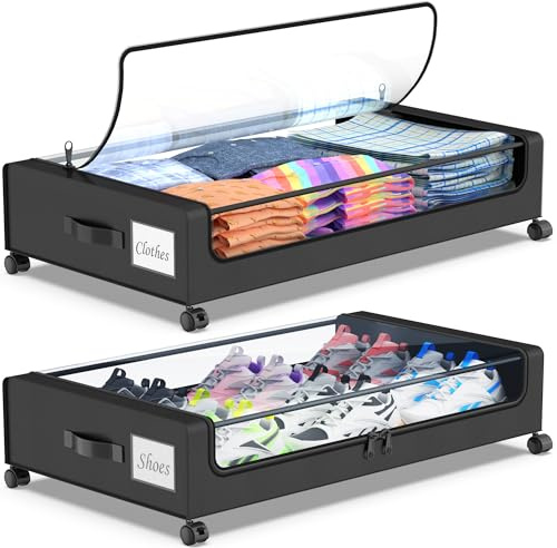 Beborxue Under Bed Storage with Wheels, 2-Pack Under the Bed Storage Containers with Lids, XXL 60L Under Bed Shoes Storage Organizer Bins, Rolling Underbed Storage for Clothes, Shoes, Blankets (Black)