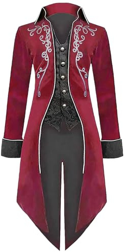 MVFEUIJ Men's Vintage Gothic Tailcoat, Medieval Steampunk Jacket, Male Victorian Renaissance Retro Vintage Embroidery Coat Halloween Party Cosplay Pirate Vampire Costumes for Adult (Red, XXL)