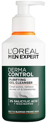 L'Oréal Men Expert Derma Control Purifying Cleansing Gel, Deep Cleanser for Oily Skin, Removes Dead Skin, Unclogs Pores, 260ml