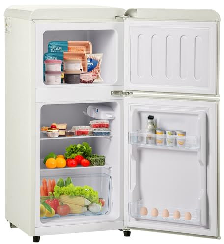 Merax 60L Retro Kühlschrank,Mini-Kühlschrank mit Gefrierschrank,Kühl-Gefrierkombination,22 Liter Gefrierfach, 38 Liter Kühlfach, Energieklasse E, 102 kWh/Jahr, LED-Beleuchtung, cremeweiß