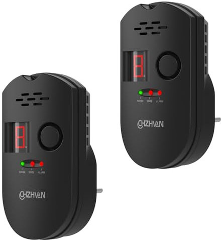 CHZHVAN Sensor Enchufable para GLP/Gas Natural/Detector de Gas Carbono con Alarma Sonora, Pantalla Digital LED, y Monitoreo para Metano, Propano, Butano Gases Combustibles (2er Set)