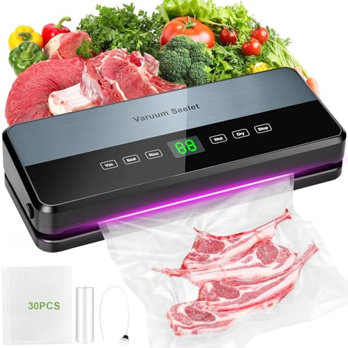 comeder 8 in 1 Food Vacuum Sealer Machine, 65 Kpa 30mm Longer Seal Food Sealer with 30Pcs Bags & Bag Storage, Vac Pack Machine for Dry and Moist Food Fresh Preservation, Built-in Cutter