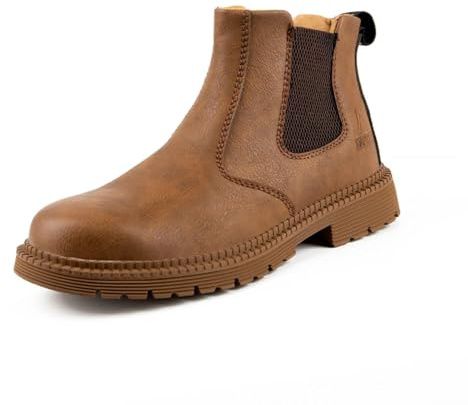 RenDiuJups Botas con punta de acero for hombre y mujer, impermeables, ligeras, sin cordones, de seguridad, cómodas, for trabajos de construcción industrial.(Khaki,44 EU)