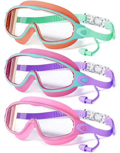CMBJJU 3 Pack Swimming Goggles, Kid Goggles with Earplugs Large Frame Anti-Fog/UV Wide View Swim Goggles Boys Girls 4-12 (3PACK-Orange+Purple+Pink-SG02)