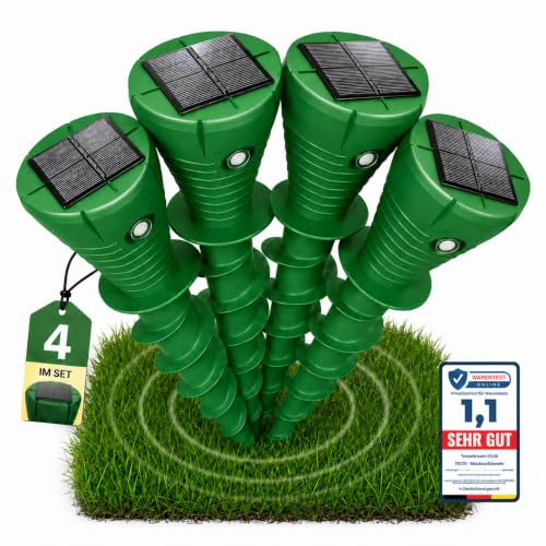 4er Pack Solar Maulwurfschreck Ultraschall – Testsieger Maulwurfvertreiber & Wühlmausabwehr, IP65 Wasserdicht Wühlmausschreck, Haustierfreundlicher Solar Wühlmausvertreiber gegen Maulwürfe
