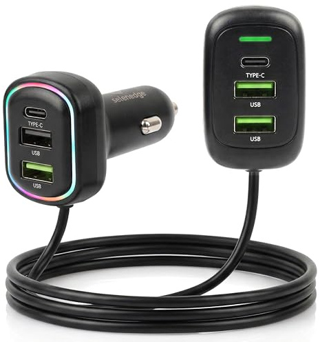 Generico Caricabatterie Auto USB C con Cavo Esteso per Sedili Posteriori, 3 Porte, Caricatore Auto Accendisigari Compatto con LED per Auto