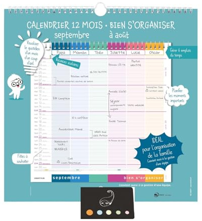 Lot Calendrier Familial  Bien S'organiser  Septembre 2026 à Août 2027 + 1 Index Adhésif Blumie (30 * 30 Oberth Scolaire)