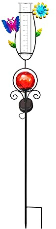 Bonetti Regnmätare med LED-belysning för trädgården, 2-i-1-funktion, metalljordspett, färgad glasboll i krossglasoptik, fällkniv av glas (röd med fjäril och blomma)