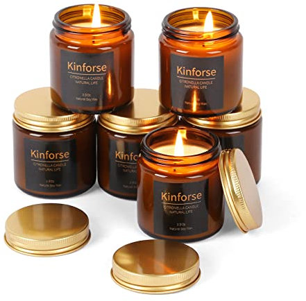 Kinforse Citronella Kerzen Outdoor & Indoor – 6er Set (120h Brenndauer) | 100% Bio-Sojawachs mit Zitronelladuft | Aromatherapie-Kerzen für Garten, Camping & Wohnung | Geschenkset