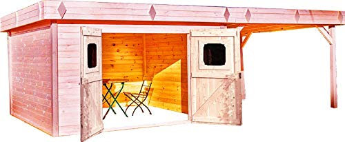 Blockbohlenhaus, 28 mm, mit Terrasse, hergestellt aus massivem Douglas – S.h.t: 29,04 m² – Flachdach Abdeckung Stahlwanne