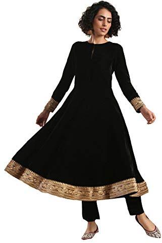STYLE INSTANT Indian Kurti for Womens With Pant | Velvet Embroidered Anarkali Kurta Kurtis Dress For Women Tops Tunic Black