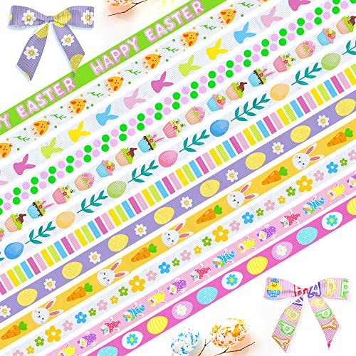 Hying 12 Rolls Happy Easter Ribbons for Wrapping Gifts, White Blue Bunny Ribbon for Gift Wrapping Party Decoration DIY, 3/8 X 12 Yards Easter Egg Bunny Grosgrain Craft Ribbons for Spring Easter Decor