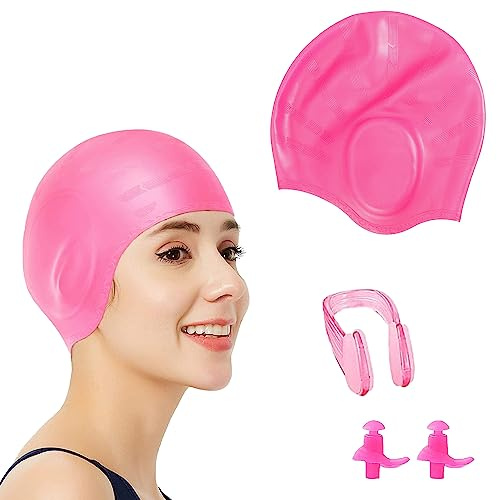 Premium Silicone Swimming Cap with 3D Ear Protection - Includes Bonus Earplugs & Nose Clip, Comfortable Waterproof Swim Hat for Children & Adults (Fits All Hair Lengths)