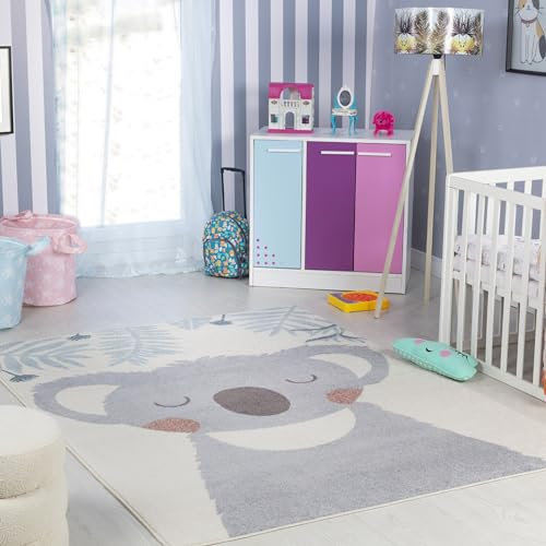 Livabliss Alfombra Infantil habitacion Coala - Alfombra Bebe para Dormitorio, Habitacion de Niños, Guardería o Sala de Juegos - Alfombras Niños Niñas, Color Marfil y Gris, 160x213cm