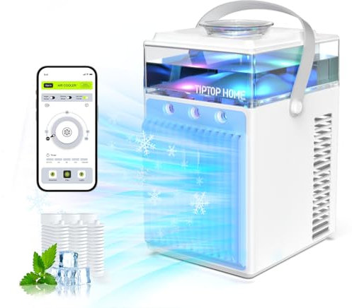 Mobile Klimaanlage, 5 in 1 Mini Klimagerät mit App-Steuerung, Persönlich Ventilator mit 600ml Wassetank, 3 Geschwindigkeiten, 3 Nebelmodi, Tragbarer Klimaanlage für Zimmer Büro