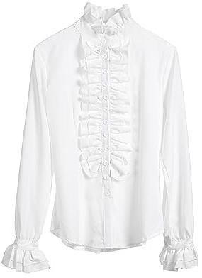 Achlibe Women's Office Lady Shirt, Stylish Long Sleeve Ruffled Collar Plain Blouse Party Work Wedding Frilly Gothic Blouses (White, S)
