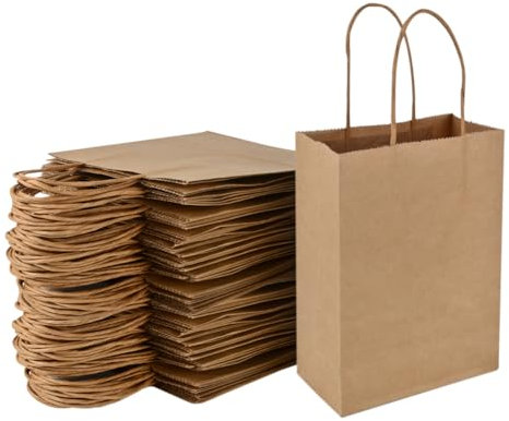 CLTPY 100 Klein Papiertüten mit Henkel,15 X 8 X 21cm Papiertüten Kleine,Papiertragetasche mit Kordelgriff,Kraftpapier Tüten,für Hochzeiten,Weihnachten,Geschenkverpackung